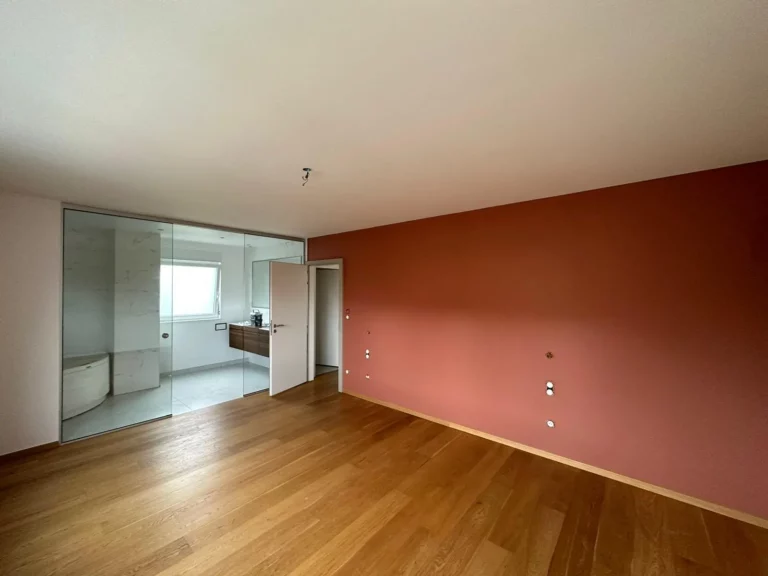 Pièce de vie avec mur terracotta et verrière
